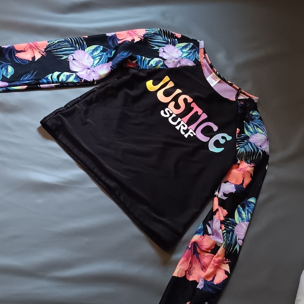 Justice Black Long Sleeve Swim Shirt with Floral Accents Girls M (10)